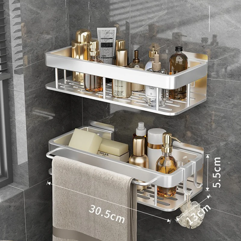 Bathroom Shelf Shower Caddy Organizer Wall Mount Shampoo Rack With Towel Bar  No Drilling Kitchen Storage Accessories - AliExpress