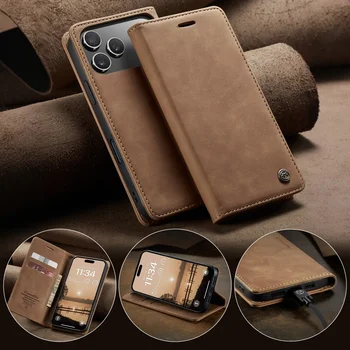 CaseMe Retro Magnetic Flip PU Leather Case for iPhone 17 Air 17 Pro 16 15 14 13 12 11 XS XR 8 7 6S 5 SE Wallet Cover Phone Coque