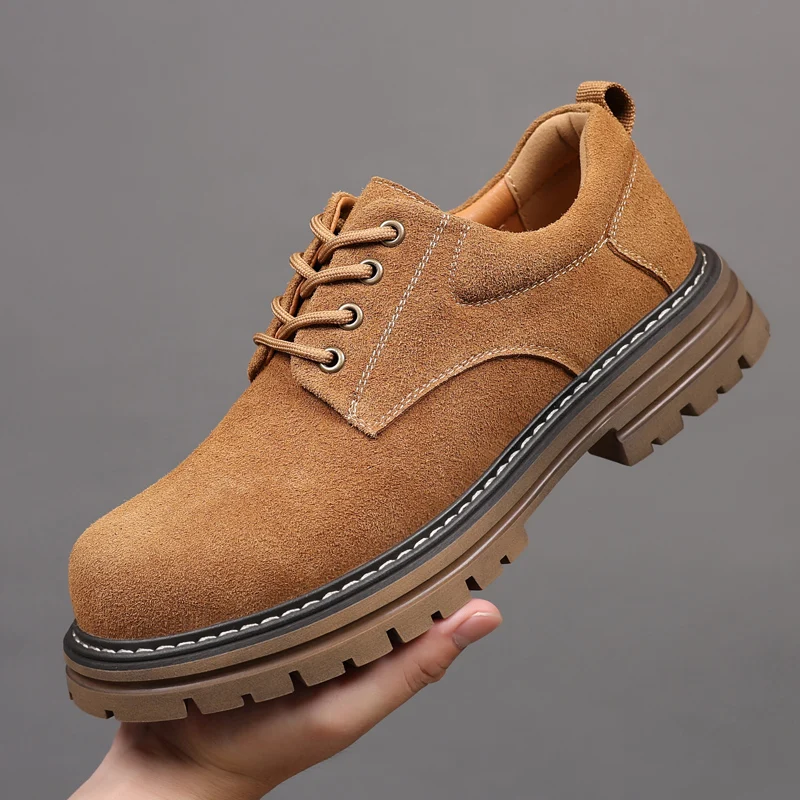 Men ML British lace-up boots platform anti-slip suede casual round toe leather shoes low help working