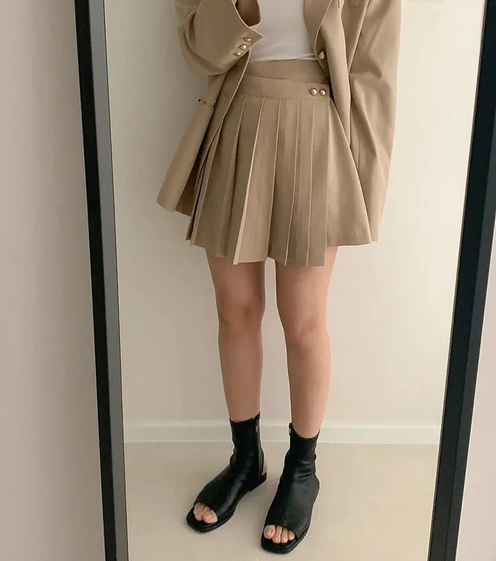 Korean Chic Two-piece Skirt Set Women Single Breasted Blazer Loose Jacket Solid Pleated Mini Skirt Autumn Office Lady Outfits