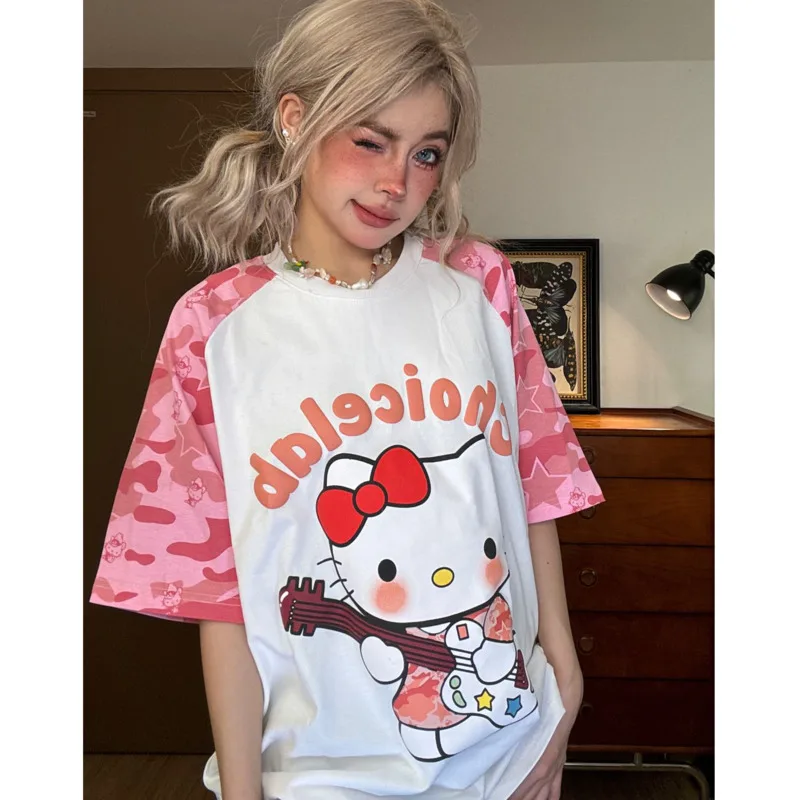 

Kawaii Sanrio Hello Kitty Y2k T-shirt Patchwork Camouflage Raglan Short-sleeved Top Japan Style Loose Cotton Tees Women Clothing