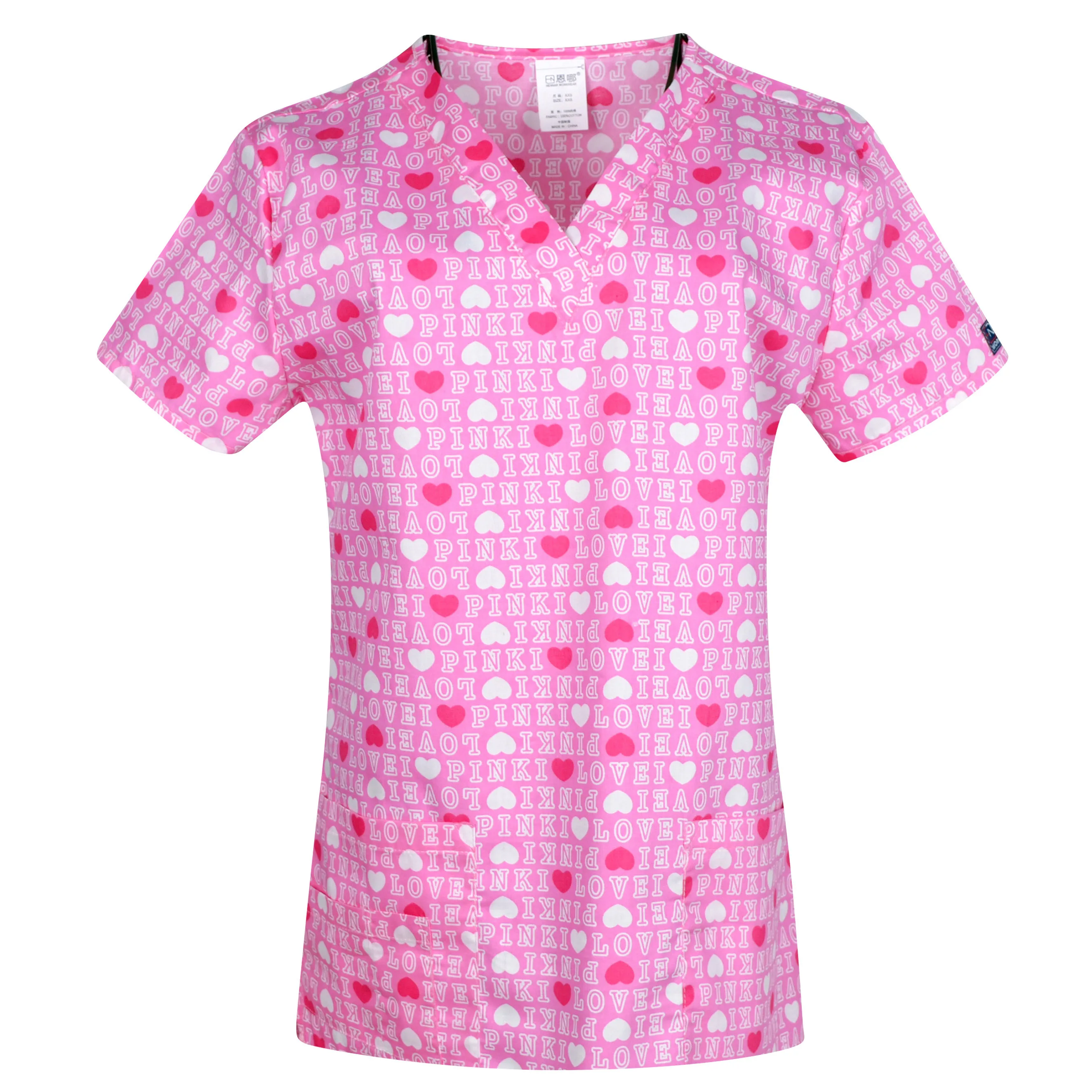 

Hennar Women Medical Scrub Top 100% Print Cotton Surgical Uniforms V-Neck Short Sleeve XXS-5XL Hospital Clinical Scrubs Top