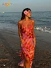Chic Flower Printed V Neck Beach Dress For Women Fashion Sleeveless Backless Ruffles Midi Dresses 2025 Summer Lady Holiday Robes 1