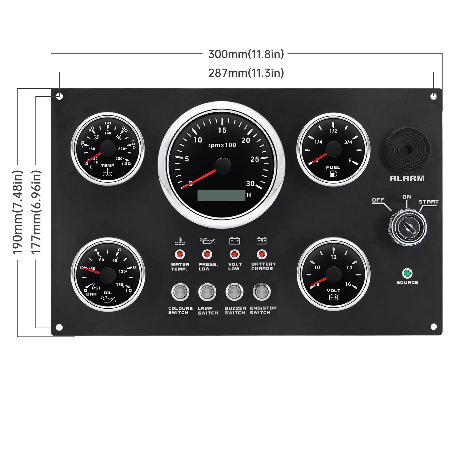 Set di 5 calibri pannello interruttori 12V 24V 4 pulsanti indicatore di tensione della luce del pannello per auto Marine Boat 4K-8K contagiri temperatura dell'acqua livello del carburante