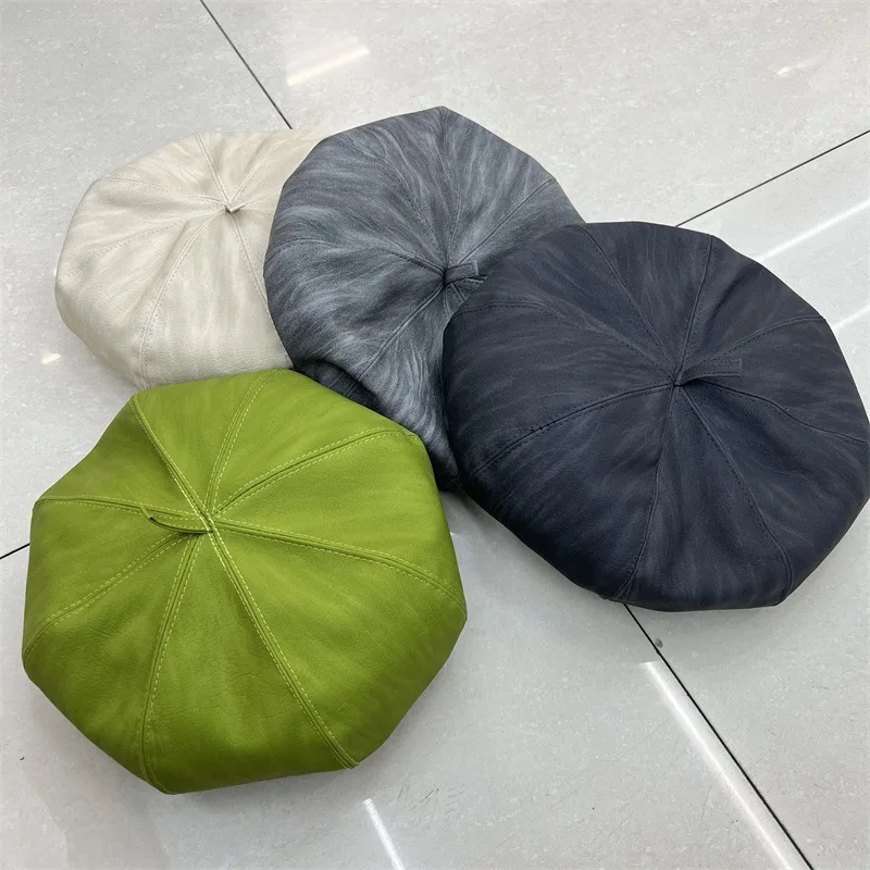 

New Mixed Color PU Leather Octagonal Beret for Women's Artistic Ladies, Fresh and Retro Pumpkin Hat