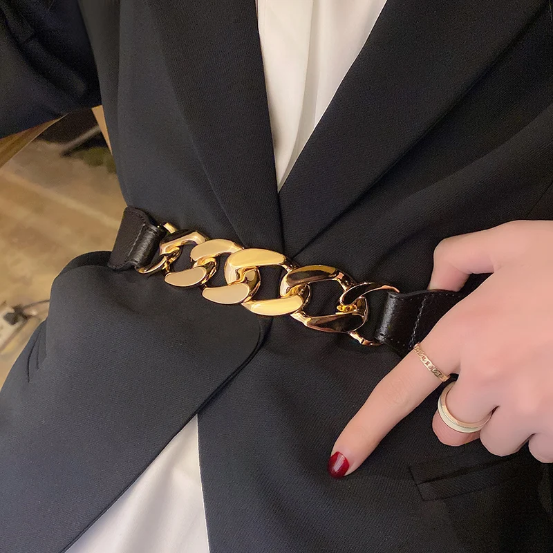 Women Belt Luxury Brand Gold Chain Belt Elastic Silver Metal Waist Belts  for Women Stretch Ladies Coat Ketting Riem Waistband