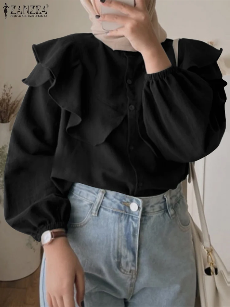 

ZANZEA Stylish Women Flounce Blouse Autumn Long Sleeve Solid Work Shirt Islamic Clothing Muslim Blusas Casual Buttons Down Tops