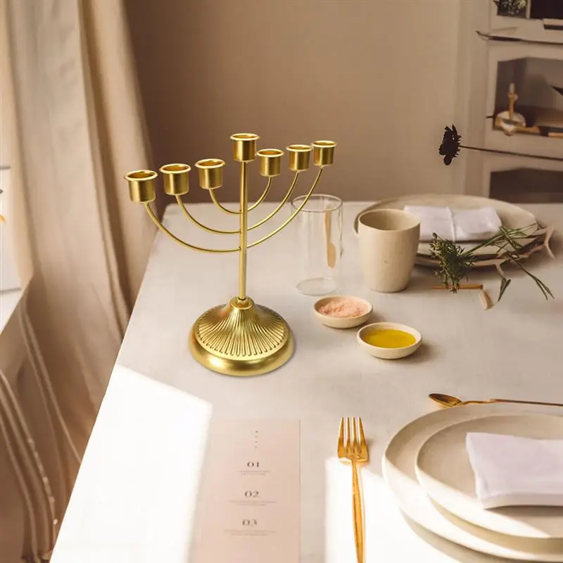 Table Jewish Candlestick Holder Wide Sturdy Base Hanukkah Decoration Menorah For Shelf Cabinet Fireplace Living Room 7-Branch