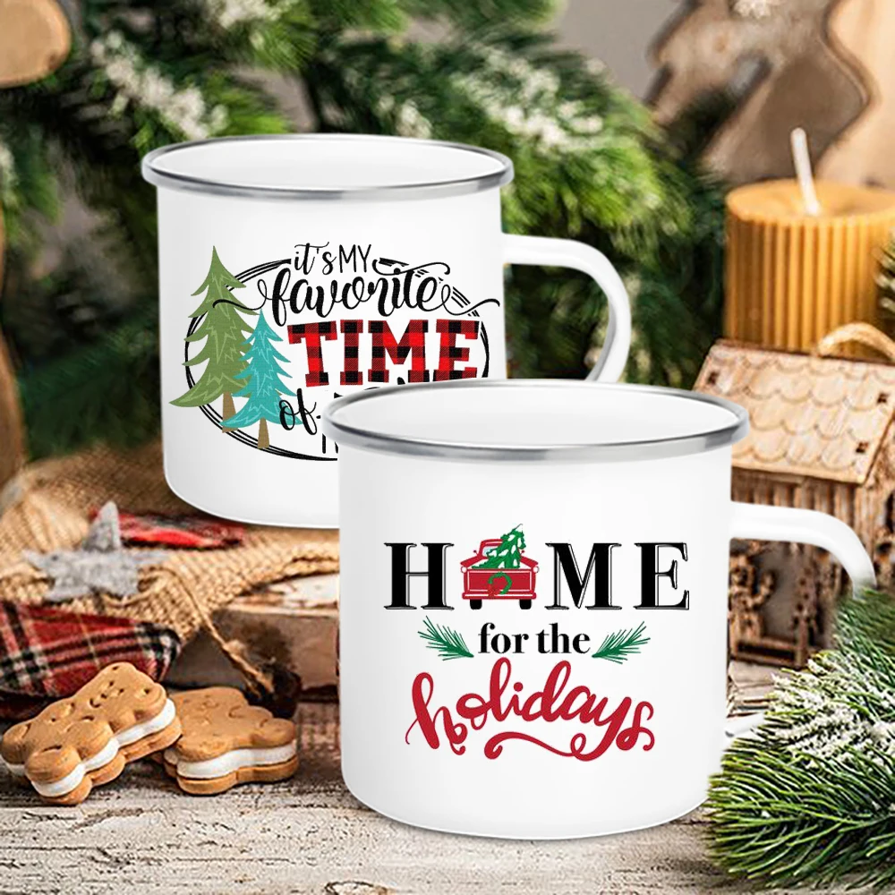 

Home for The Holidays Print Coffee Mugs Juice Drink Cup Handle Beer Mug Enamel Water Cup Kitchen Home Decoration Christmas Gifts