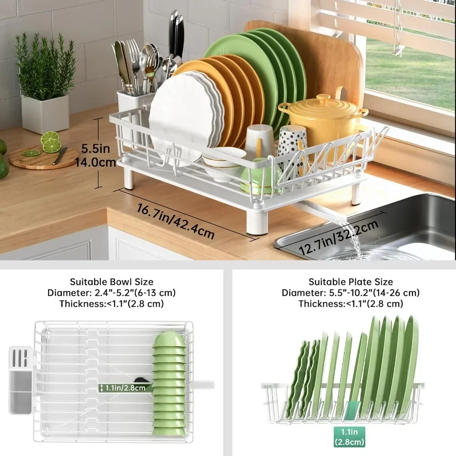 Dish Drying Rack Dish Racks for Kitchen Counter Detachable Dish Drainer with Drainboard Utensil Holder Cup Holder Space Saving