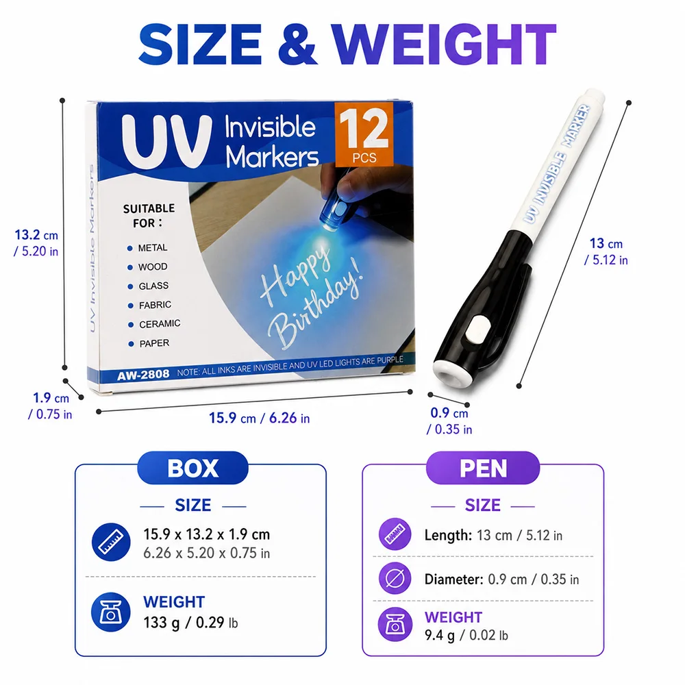 12 Pcs UV 보이지 않는 잉크 펜 UV 라이트 사라지는 마커 완벽한 공예 만들기 메모 기록 낙서 일일 문구 용품