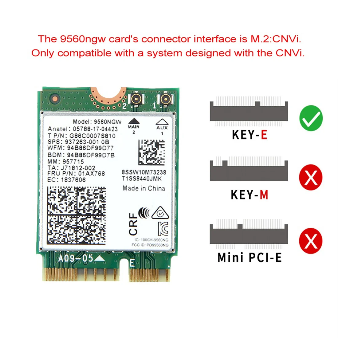 

1730Mbps Dual Band Wireless AC 9560 Desktop Kit Bluetooth 5.0 802.11Ac M.2 CNVI 9560NGW Wifi Card