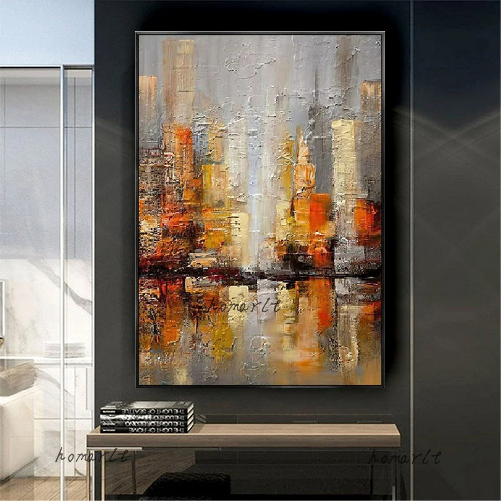 

Palette Knife Texture Acrylic Canvas Art Handmade Abstract Orange Oil Painting Vertical City ​​Building Landscape Wall Poster
