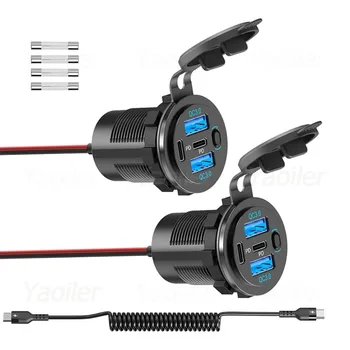 90W 12V Car Charger Socket Power Outlet Dual 36W PD USB-C & Dual Quick Charge 3.0 USB Port with Switch for RV Boat Marine Truck 1