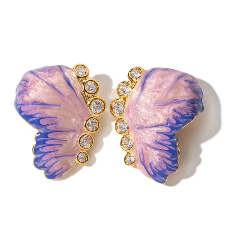

ALLNEWME Fantasy Gradient Colorful Enemal Butterfly Wings Dangle Earrings Women 18K Real Gold Plated Brass Rhinestone Earring