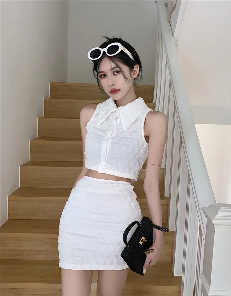 High Street Y2k Two-piece Suits Women Summer New POLO Collar Sleeveless Tops + Mini Skirts Sets Female