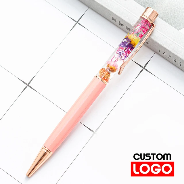 New Eternal Life Flower Oil Pen Metal Ballpoint Pen Lettering Engraved Name Advertising Pen Custom Logo Stationery Wholesale Pink