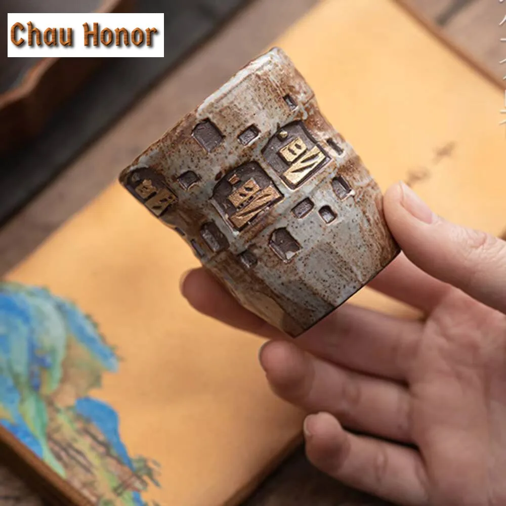 High End Wood-fired Porcelain Teacup Handmade Dunhuang Personal Master Cup Hand Carved Grotto Statue Mug Drinkware Collection