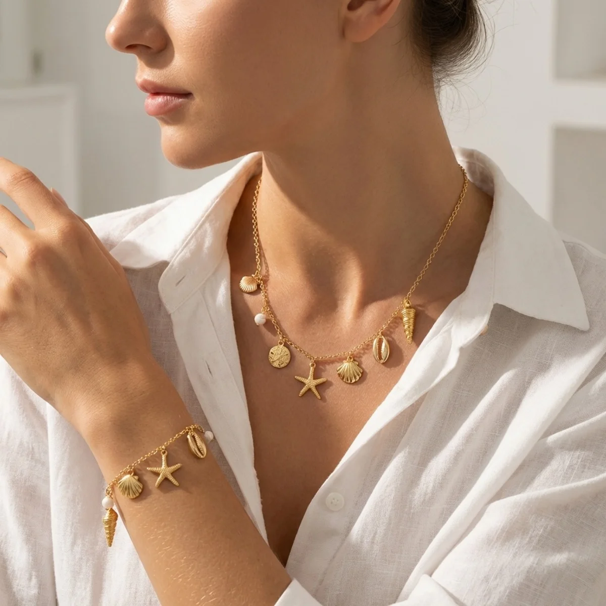 Metall-Seestern-Muschel-Quasten-Halsketten-Armband-Set für Damen und Herren, Bohemian-Stil, Imitationsperlen, Seestern, Ozean, Strand-Schmuckset – Detail 4