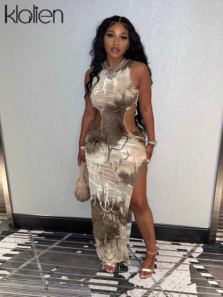 

KLALIEN Tie Dye Party Long Dress Women Summer Sexy Tassel Stitching Hollow Out Side Slit Midi Dresses Clubwear Bodycon Vestido