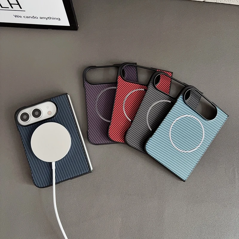 Luxury Carbon Fiber Pattern Magnetic PU Leather Phone Case - Anti-Fall & Wireless Charging Compatible