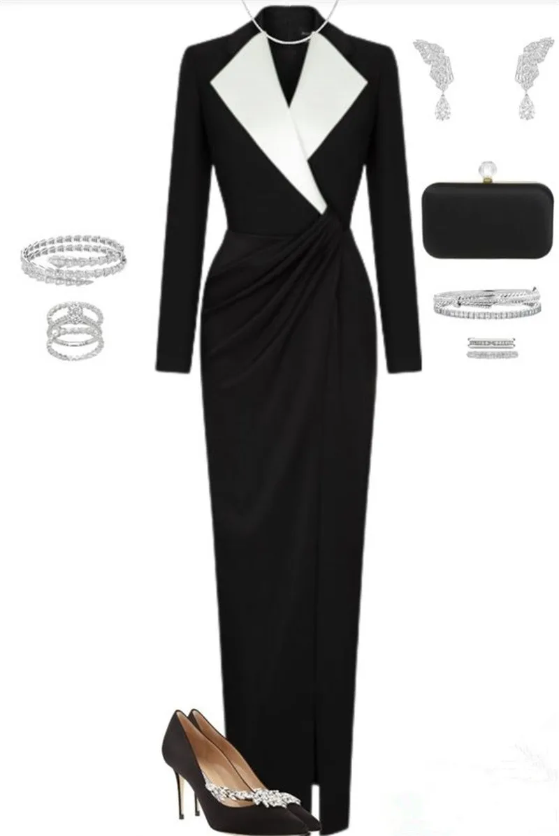 

Black Long Women Suit Blazer Maxi Prom Dress White Lapel Stitching Color Wedding Formal Office Jacket Coat Outfit Party Gown