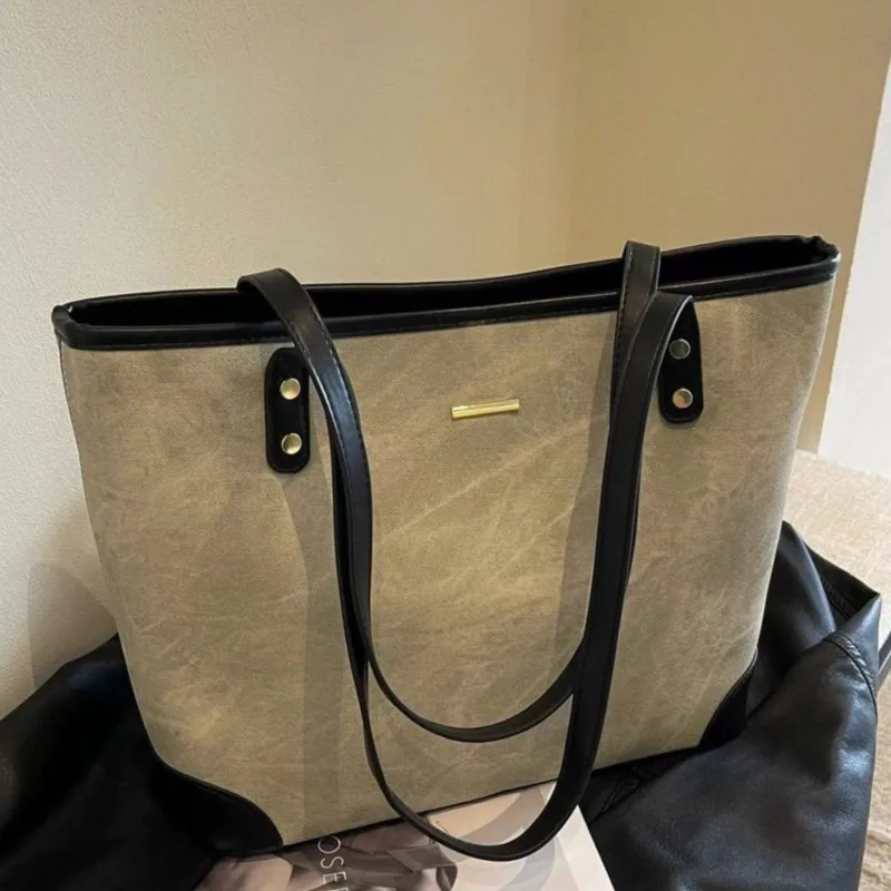 Korean Style Beige Studded Tote Bag Women Textured Patchwork Large Capacity Shoulder Bag Ladies Casual Commuter Underarm Bag New