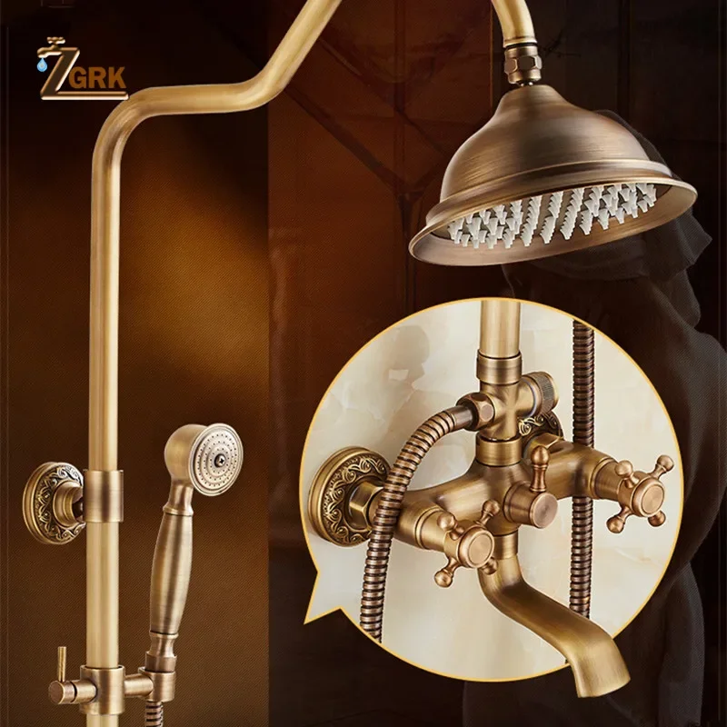 ZGRK Classic Rainfall Shower Set Antique Bronze Bath Shower Faucet Set Copper Wall Mounted Swivel Spout Mixer Tap System