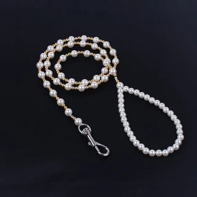 Steel Wire Dog Leash, Handmade Luxury Pearls Pet Chain for Walking Outdoor Collars Rope for Small Dogs and Cats, 120cm, 4ft