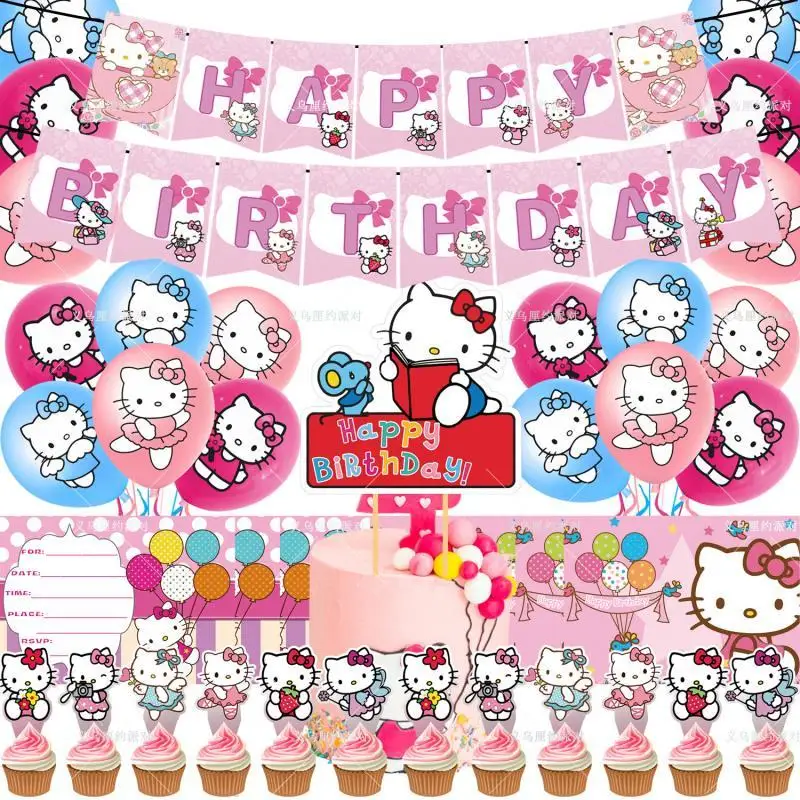 

Kawaii Sanrios Cute Hellokitty Anime Cat Cartoon Pull Flag Banner Cake Insert Balloon Set Children Birthday Party Decoration Toy