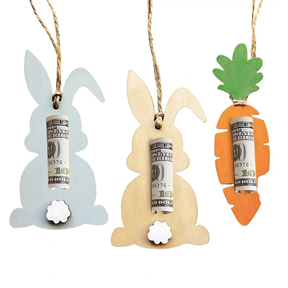Easter Money Holder Wooden Bunny Carrot Shape Cash Holder Easter Gift Card for Cash Gift Basket Stuffers Party Dec