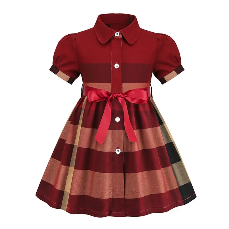 

Children's Clothing 2024 Summer New Baby Girl's Pure Cotton Dress Short-sleeve Plaid Girls Dress England Style 1-8Years
