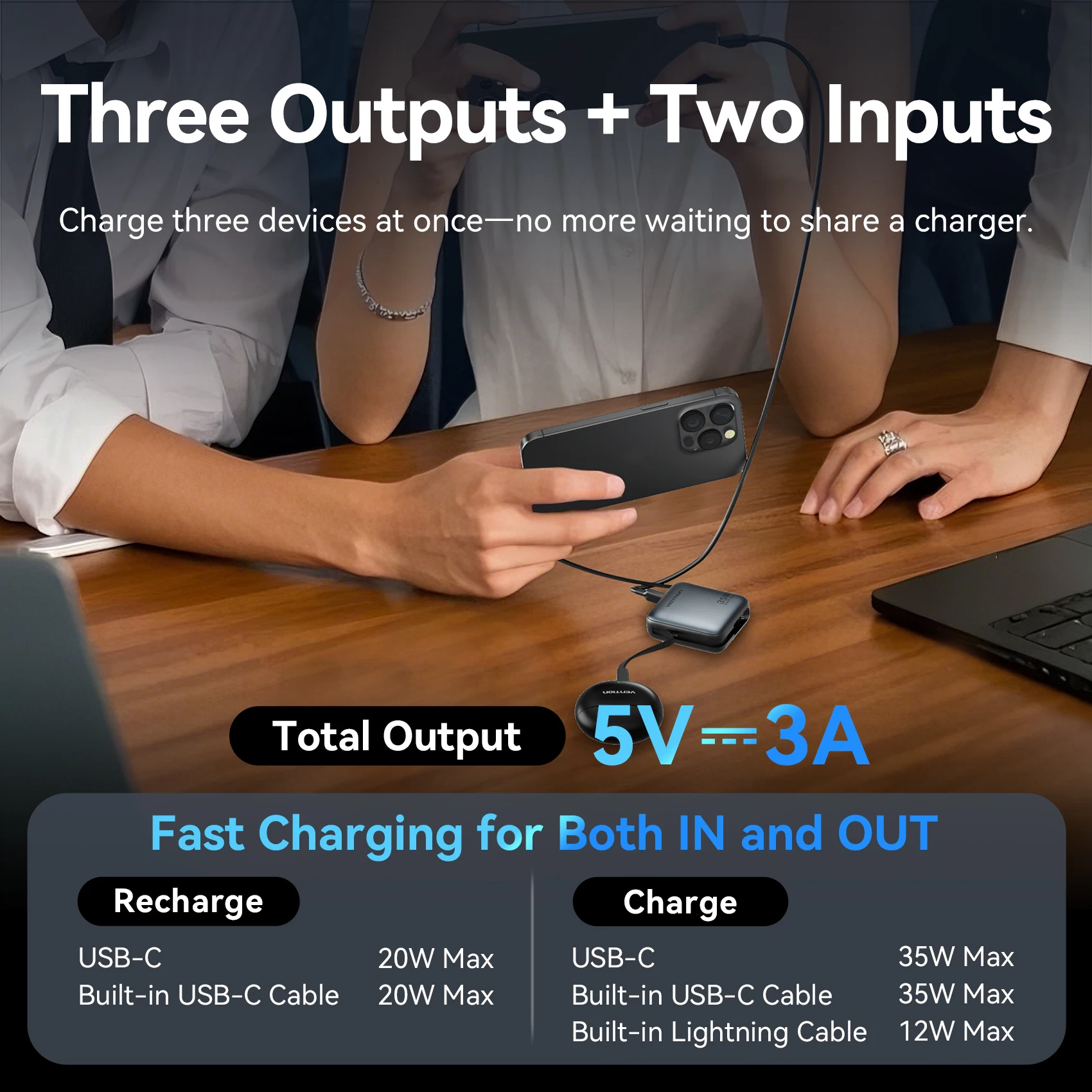 Vention Mini Power Bank 10000mAh 35W PD Fast Charger Spare Auxiliary Battery Portable Powerbank with Built-in Type C/L Cables 3