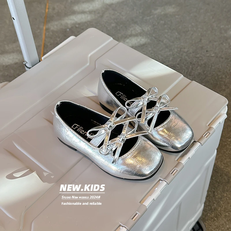 Leather Shoes Double Bow Girls Anti Slip Soft Sole Spring Autumn Outdoor PU Casual