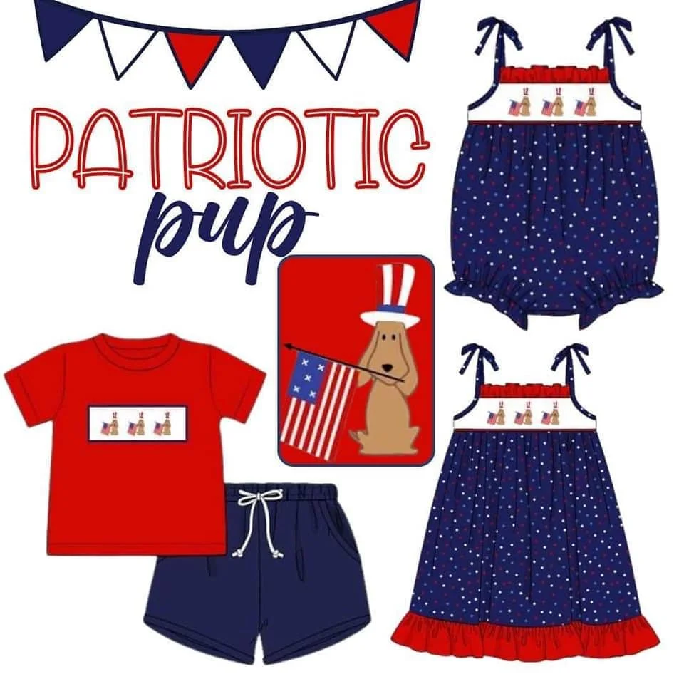 

Exquisite Summer Dark Blue Dot Sleeveless Round Neck Dress Dog And Flag Pattern Halter Skirts And Romper Red Boy Top Clothes
