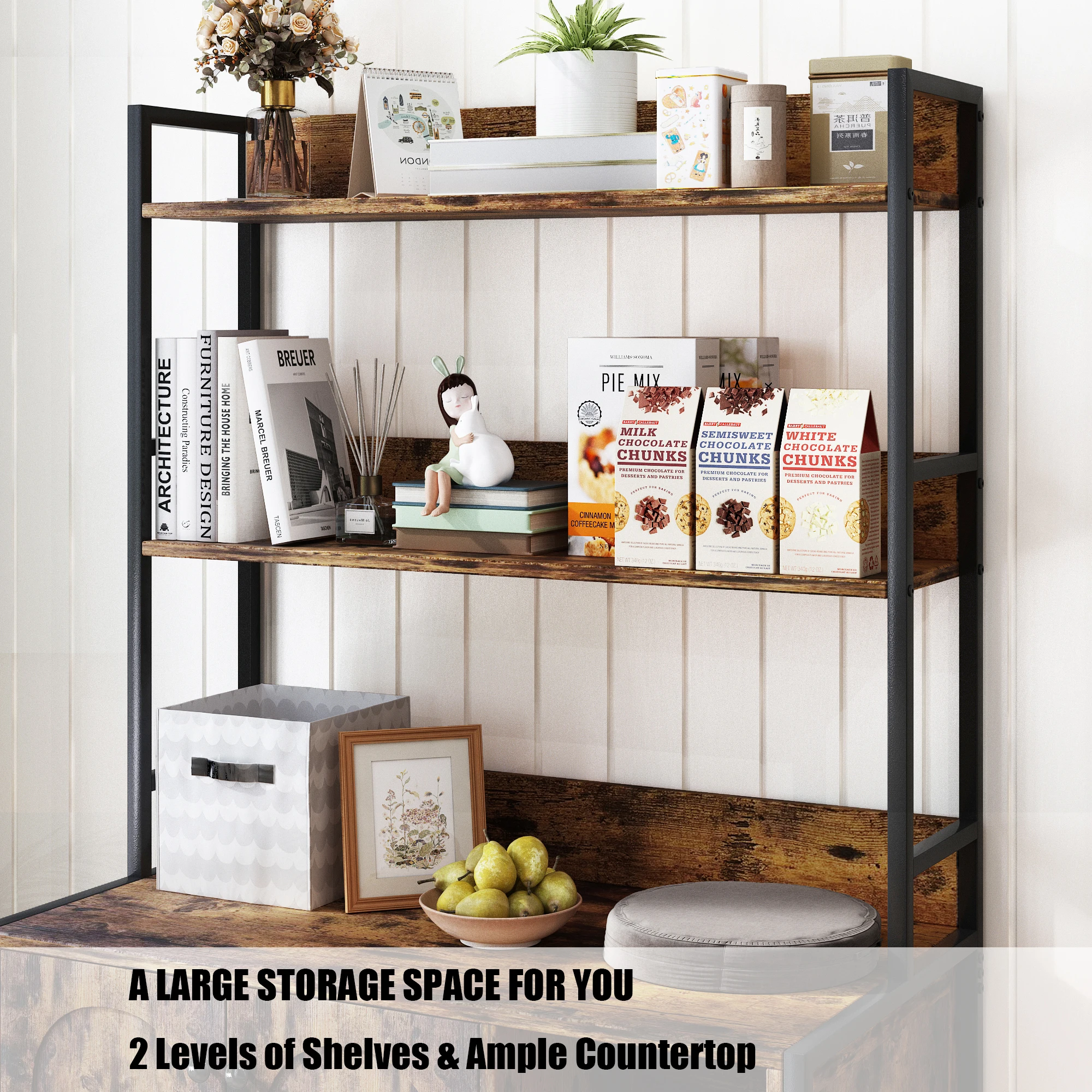 Cat Litter Box Enclosure 2-Tier Display Storage Shelves Wooden Cat House Washroom Metal Frame Cabinet Furniture