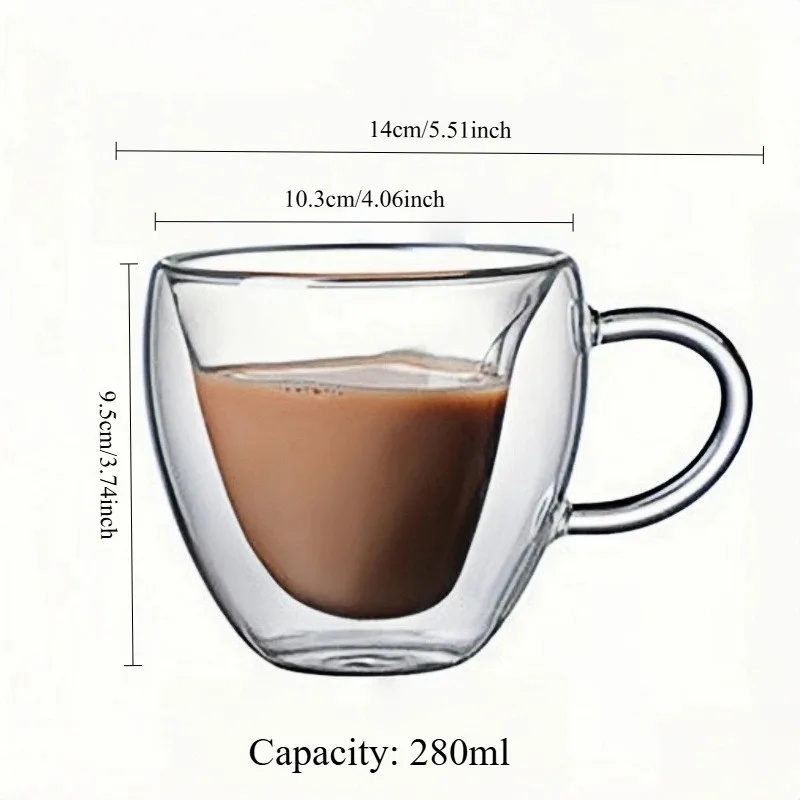 170/280ml Borosilicate Double Wall Heat Resistant Glass Cup Heart Shape Coffee Tea Milk Cup with Handle for Home Office Travel