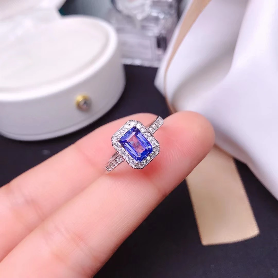 

2022 Luxury Rectangle Tanzanite Ring 5x7 mm Precious Gemstone for Wedding Solid 925 Silver Tanzanite Jewelry Good gift