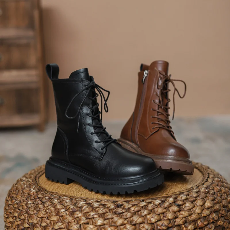 Women Leather Ankle Boots Autumn Winter Lace Up Black Brown Low Square Heels Elegant Zipper Round Toe Streets Shoes Botas Mujer
