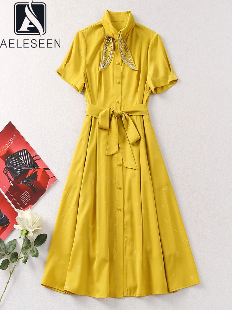 

AELESEEN Fashion Designer Midi Dress Women Summer Yellow Turn-down Collar Bow Luxury Beading Pearls Diamonds Belt Elegant Party