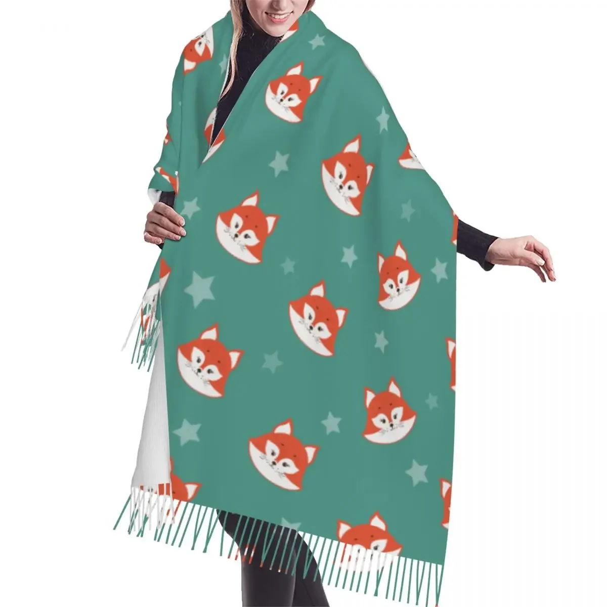 

Winter Tassel Scarf Cute Fox Heads And Stars Women Cashmere Scarves Neck Head Warm Pashmina Lady Shawl Wrap Bandana