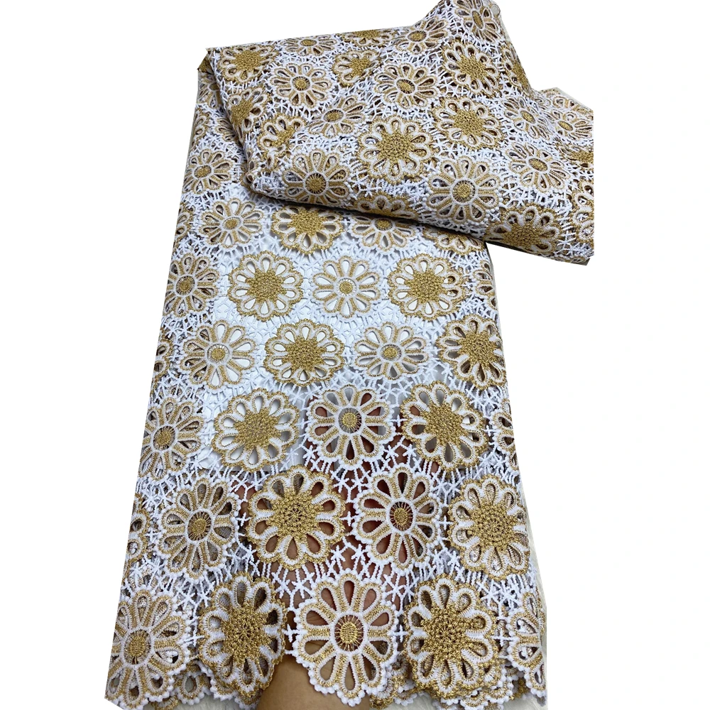 

New Arrival 5 Yards African Lace Fabric 2023 High Quality Guipure Cord Lace Material In White And Gold