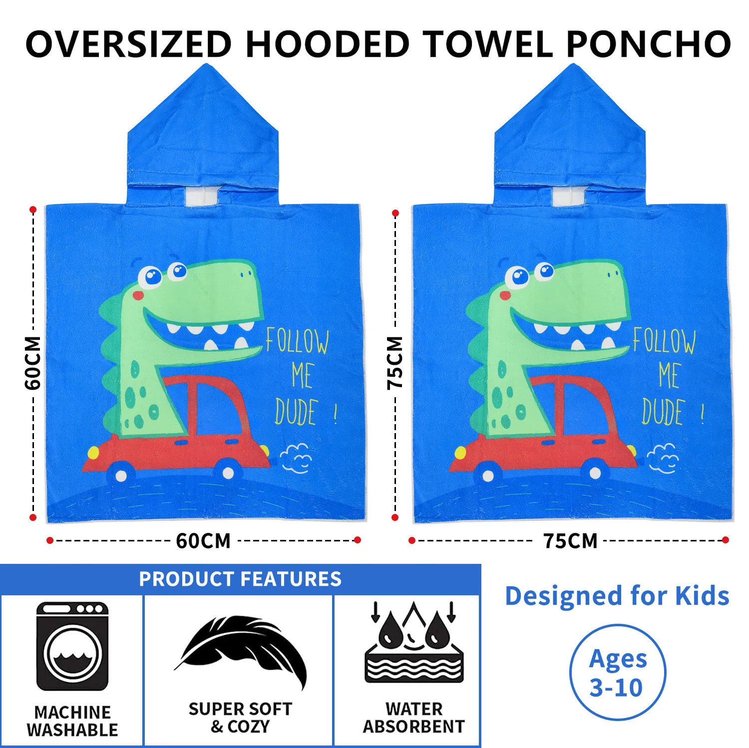 Cartoon dinosaur beach towel, ultra-fine fiber swimming and bathing children's hooded cape bath towel