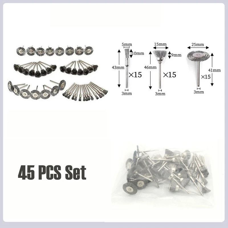 45 PCS Steel Wire Brush Set 3mm Round Shank T/ Pen Type for Metal Play Rust Paint Removal Polishing Rotating Tool Accessories
