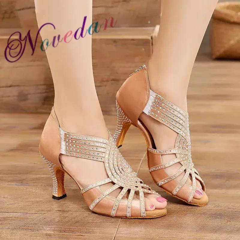 Women Party Dance Shoes Satin Shining Rhinestones Outdoor/Ballroom Latin Dance Shoes Woman Salsa Dance Shoes Custom High Heels 5