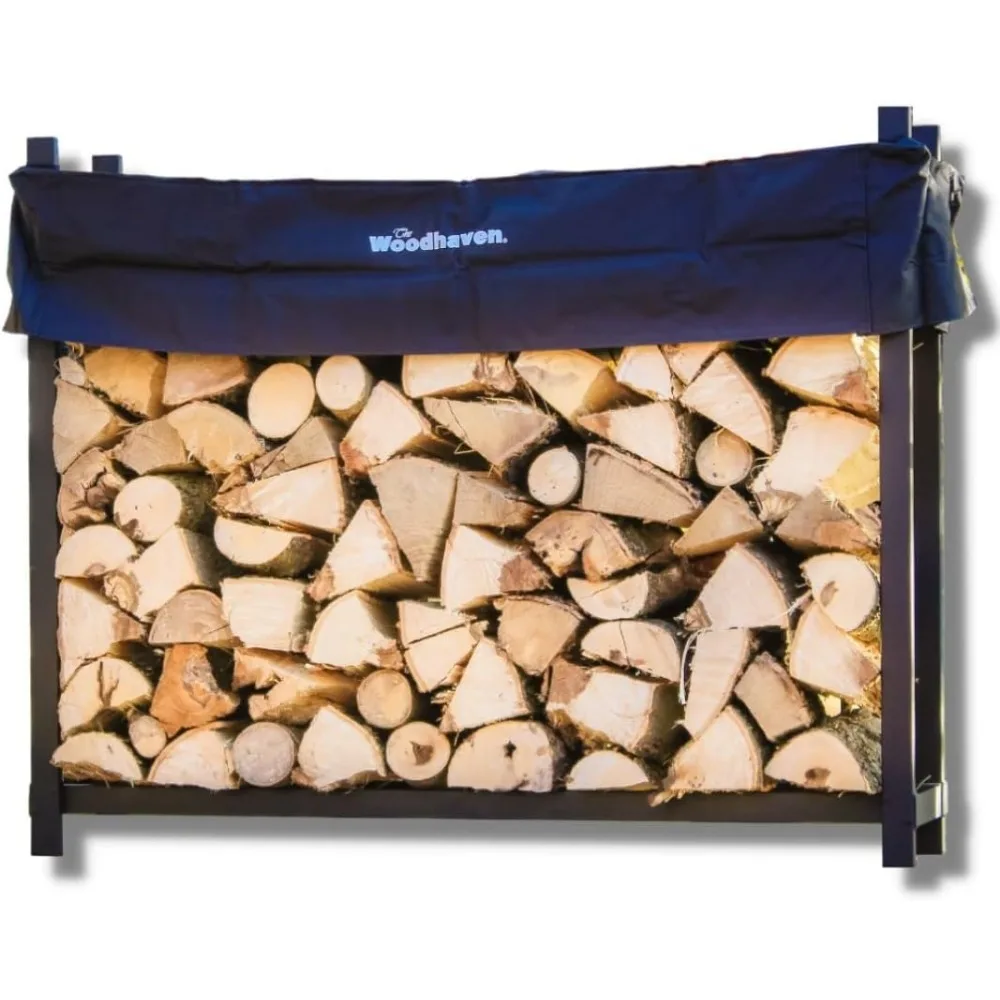 

Woodhaven 5 Foot Black - Made in the USA - 1/4 Cord Plus Firewood Storage Log Rack With Seasoning Cover Combo Set