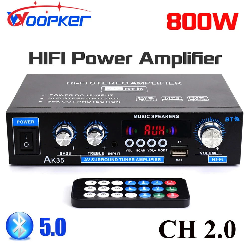 Audio Amplifier Woopker AK35 800W Home Digital Amplifiers 100-240V 12V Bass Audio Power Bluetooth AMP Hifi FM Subwoofer Speakers
