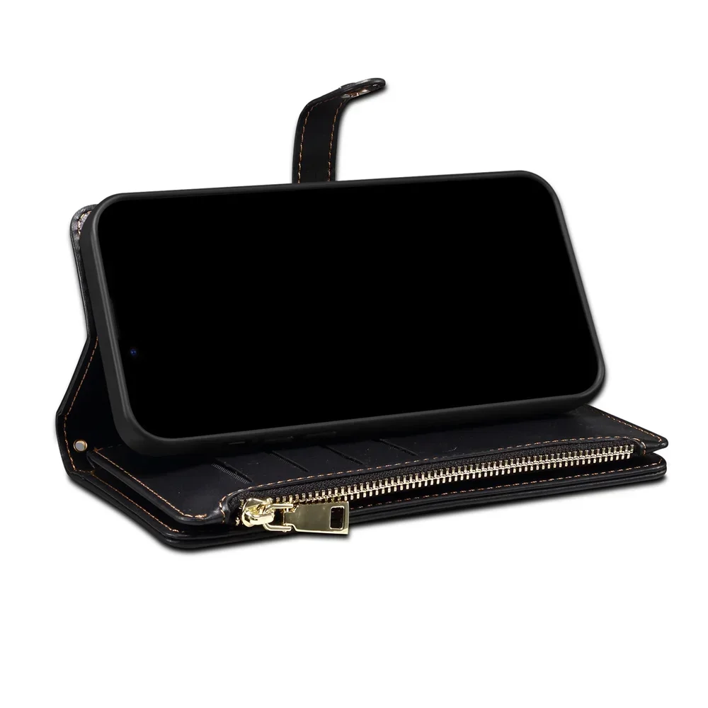 Crossbody Zipper Wallet Case with Card Holder and Lanyard Attachment in Leather