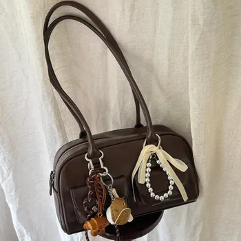 Borsa da bowling marrone di grande capacità Borsa a tracolla da donna Stile retrò coreano INS Autunno Inverno Nuova borsa di tendenza della moda 2025