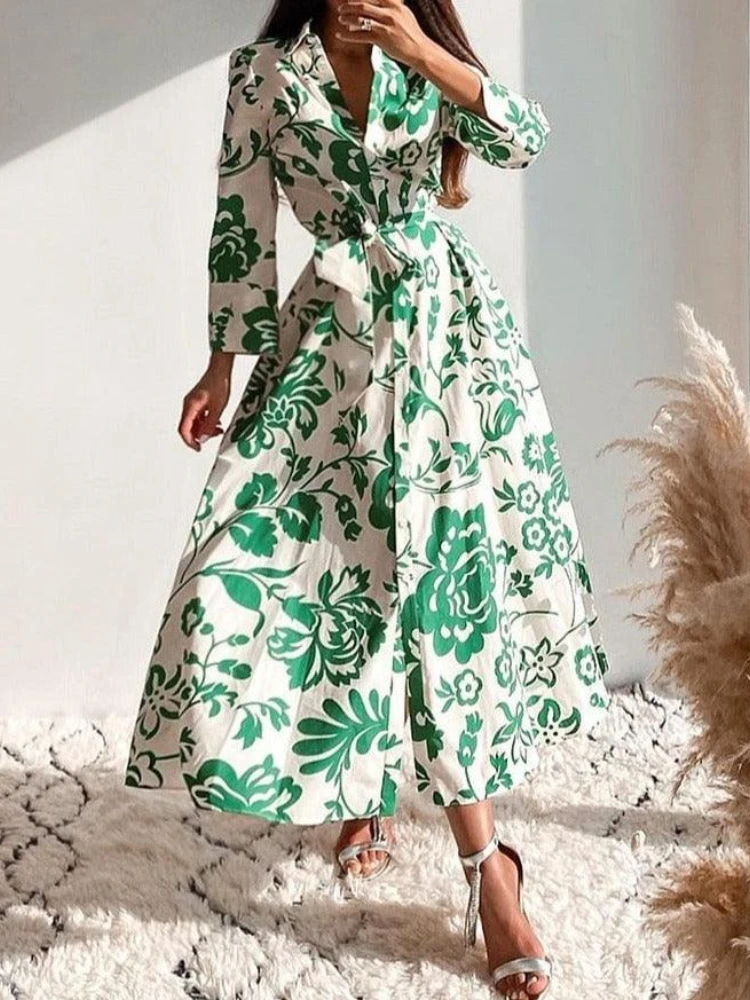 New Printed Short Sleeve Women's Lapel Short Sleeve Dress Shirt Style Casual Button Cardigan Lace Up Medium and Long Skirt